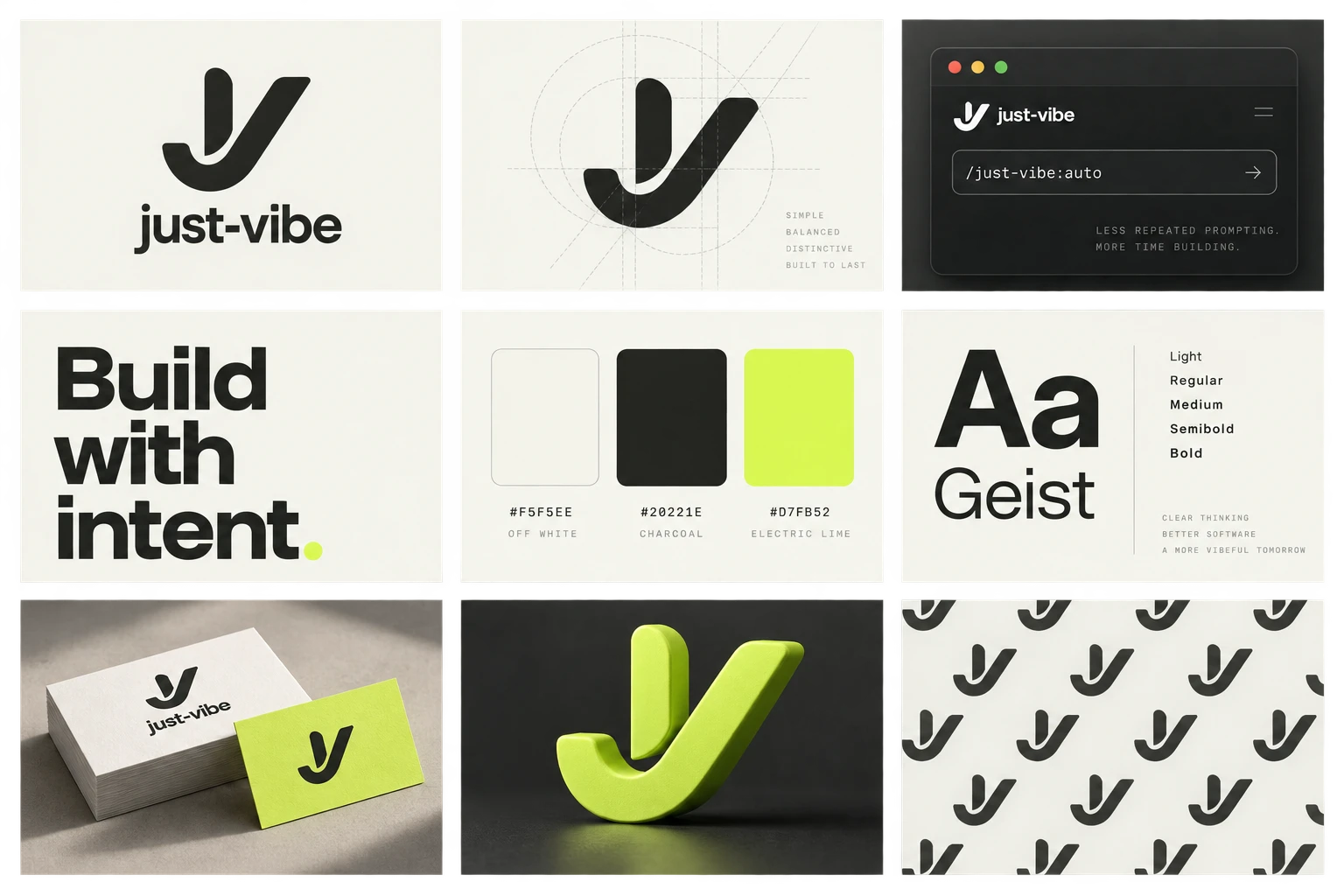 just-vibe brand board showing the j/v logo, lime and charcoal palette, Geist typography, stationery, and sculptural mark